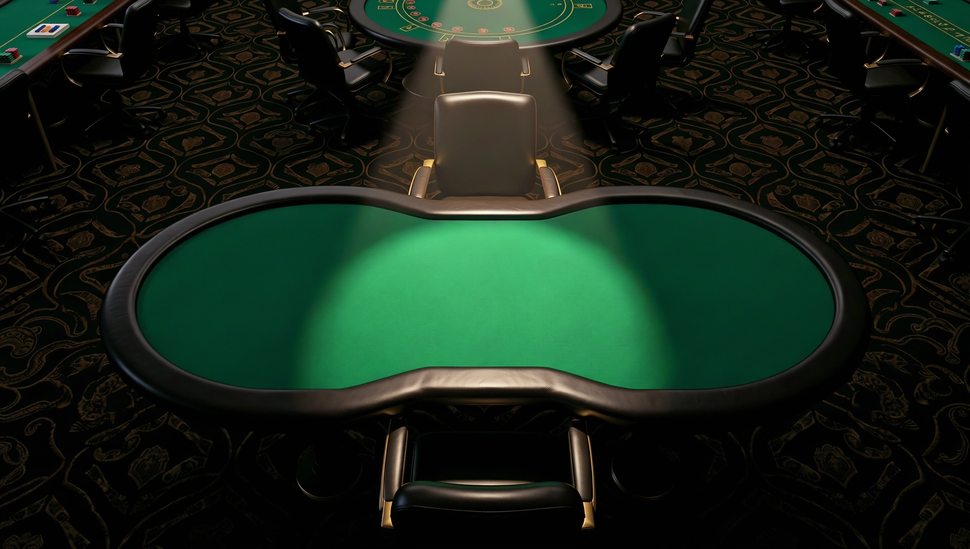 Mesa de casino vacía bajo luz cinematográfica